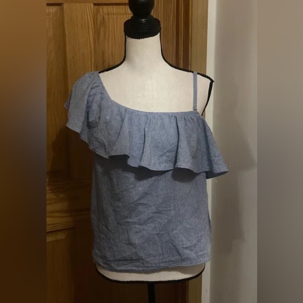 Free People Small Solid Blue One-Shoulder Chambray Blouse - EUC